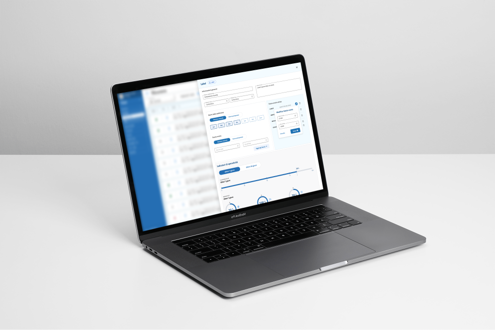 Safety21 ZTL — the redesigned portal scheduling a permit on a MacBook screen: general information, days of the week and time-slot management