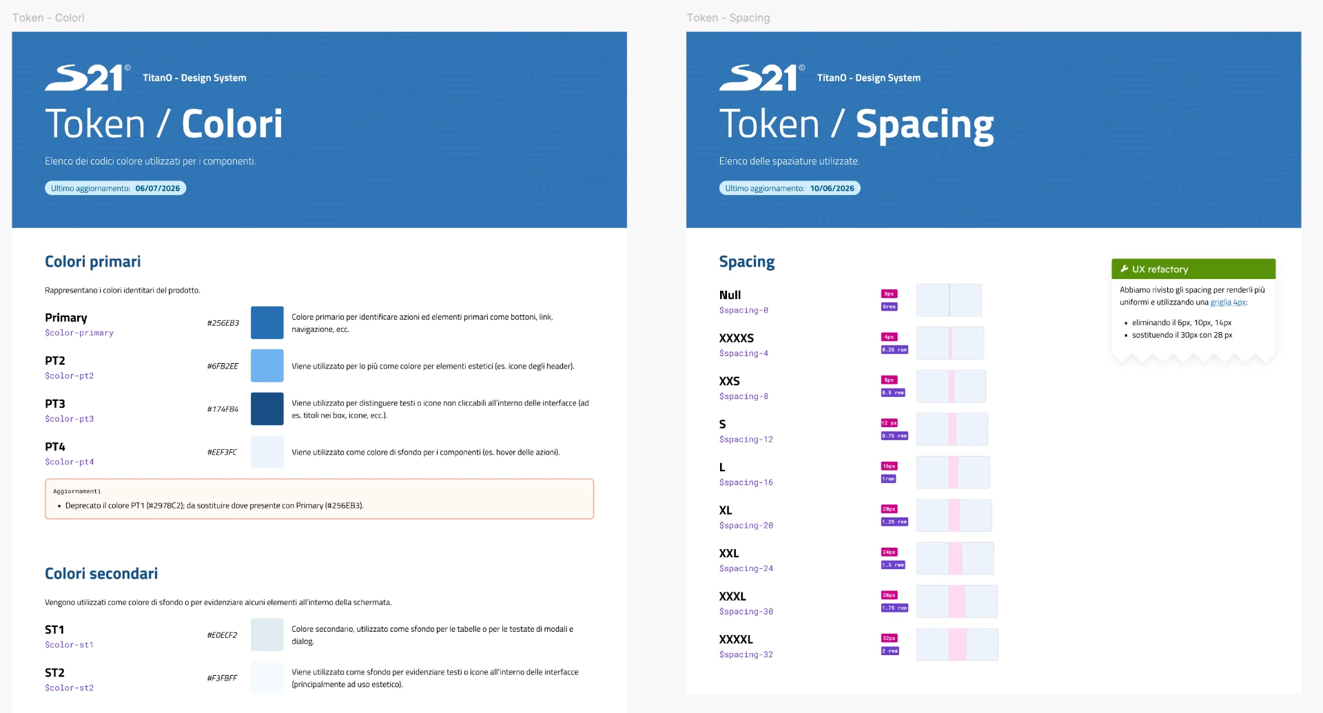 Design token pages: colour palette with HEX values and the spacing scale on a 4px grid.