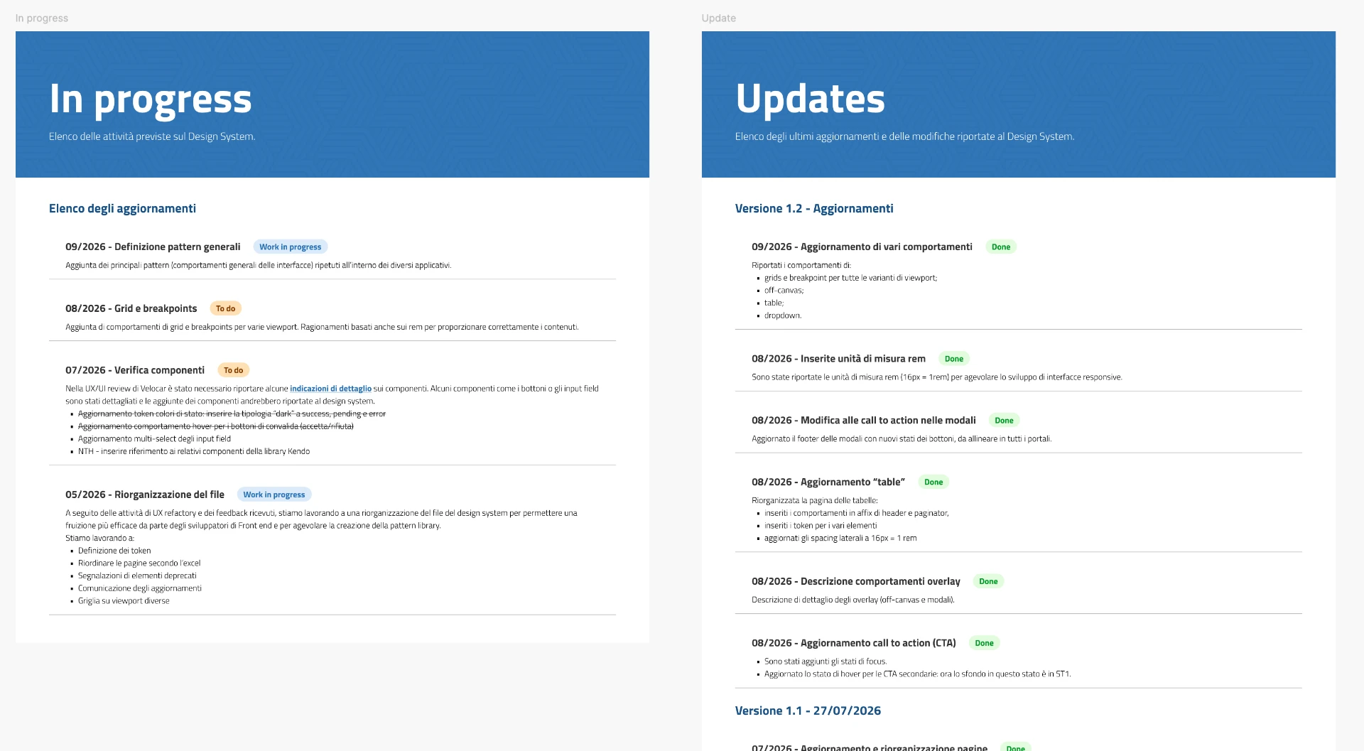 Design System documentation pages: the list of planned activities and the changelog of released updates.