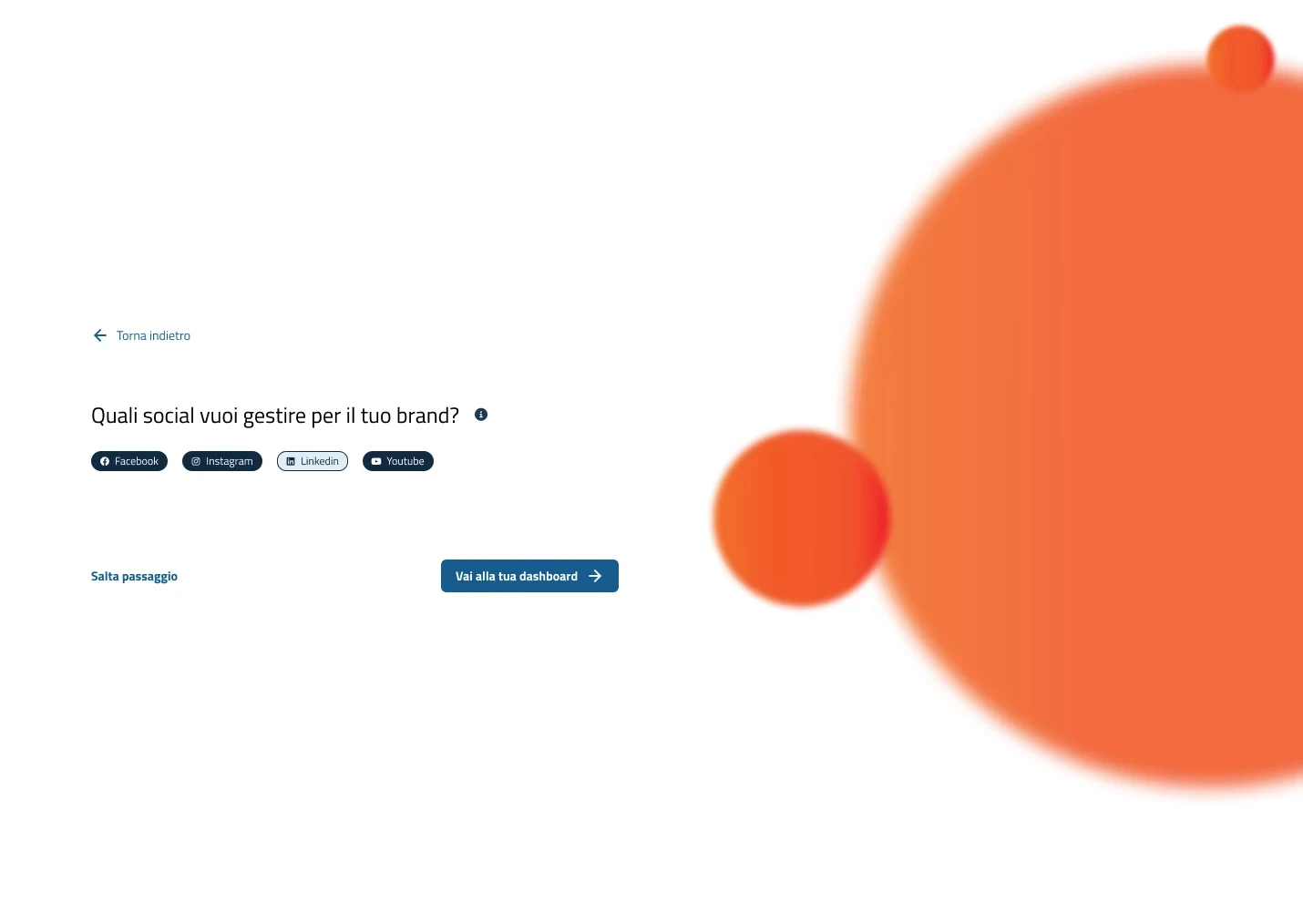 ISUAL platform onboarding step: choosing which social channels to manage for the brand