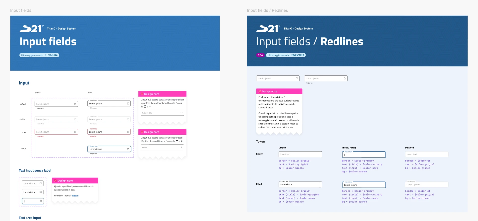 Input field states and redline specifications showing token assignments.