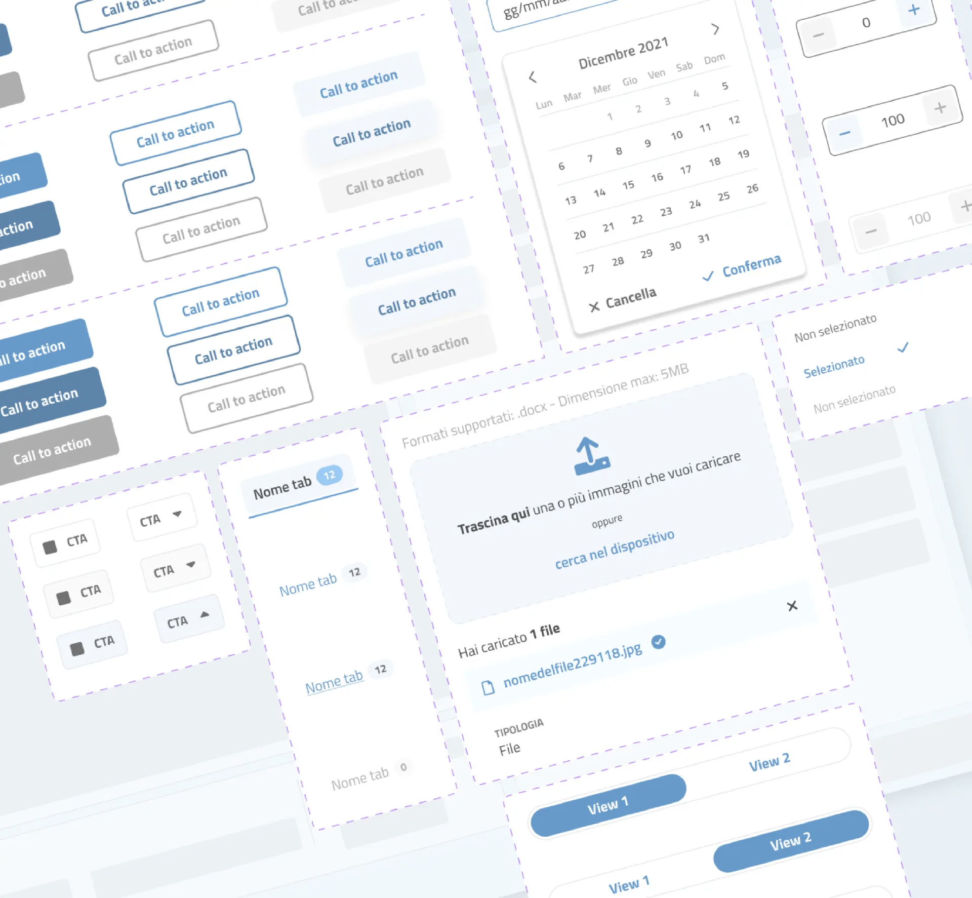 Design System component sheet shown in isometric view: buttons, date picker, file uploader, tabs, steppers and selection states.