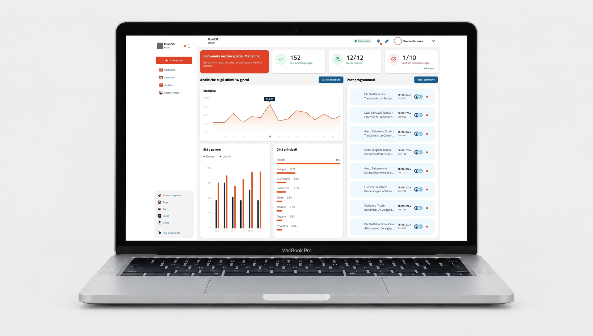 ISUAL platform dashboard — scheduled posts, analytics and media management interface, shown on a MacBook screen